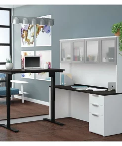 Bestar L Shaped Desk, 71.1" D, 71.1" W, 70.1" H, White/Deep Gray, Melamine