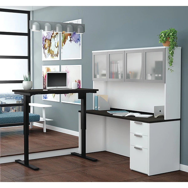 Bestar L Shaped Desk, 71.1" D, 71.1" W, 70.1" H, White/Deep Gray, Melamine