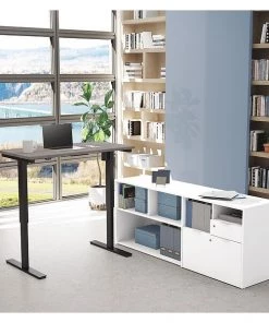 Bestar L Shaped Desk, 65.8" D, 71.1" W, 28" to 45" H, Bark Gray/White, Melamine