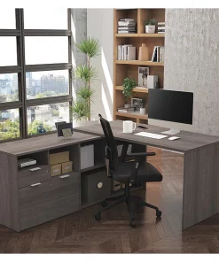 Bestar L Shaped Desk, 59-19/64" D, 71.1" W, 29.6" H, Bark Gray, Melamine