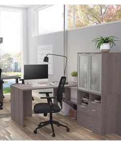 Bestar L Shaped Desk, 59.3" D, 71.1" W, 56.8" H, Bark Gray, Melamine