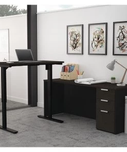 Bestar L Shaped Desk, 71.1" D, 71.1" W, 28" to 45" H, Deep Gray/Black, Melamine