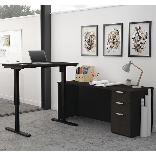 Bestar L Shaped Desk, 71.1" D, 71.1" W, 28" to 45" H, Deep Gray/Black, Melamine