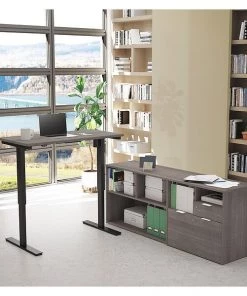 Bestar L Shaped Desk, 65.8" D, 71.1" W, 28" to 45" H, Bark Gray, Melamine