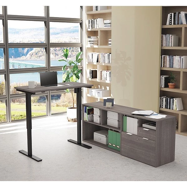 Bestar L Shaped Desk, 65.8" D, 71.1" W, 28" to 45" H, Bark Gray, Melamine