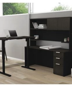 Bestar L Shaped Desk, 71.1" D, 71.1" W, 70.1" H, Deep Gray/Black, Melamine