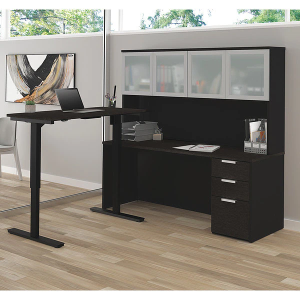 Bestar L Shaped Desk, 71.1" D, 71.1" W, 70.1" H, Deep Gray/Black, Melamine