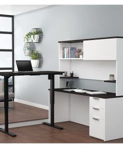 Bestar L Shaped Desk, 71.1" D, 71.1" W, 70.1" H, White/Deep Gray, Melamine