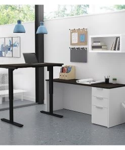 Bestar L Shaped Desk, 71.1" D, 71.1" W, 28" to 45" H, White/Deep Gray, Melamine