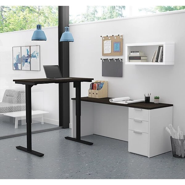 Bestar L Shaped Desk, 71.1" D, 71.1" W, 28" to 45" H, White/Deep Gray, Melamine