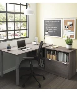 Bestar L Shaped Desk, 59.3" D, 60.2" W, 29.6" H, Bark Gray, Melamine