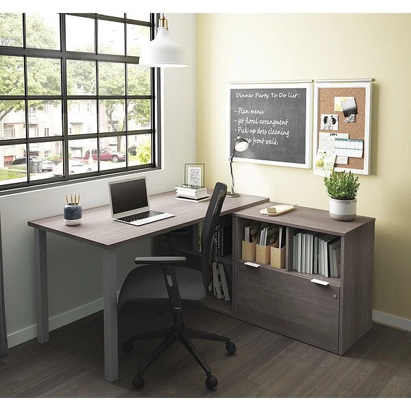 Bestar L Shaped Desk, 59.3" D, 60.2" W, 29.6" H, Bark Gray, Melamine