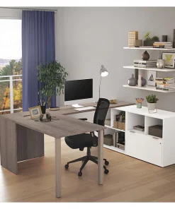 Bestar U Shaped Desk, 88.6" D, 60.2" W, 29.6" H, Bark Gray/White, Melamine