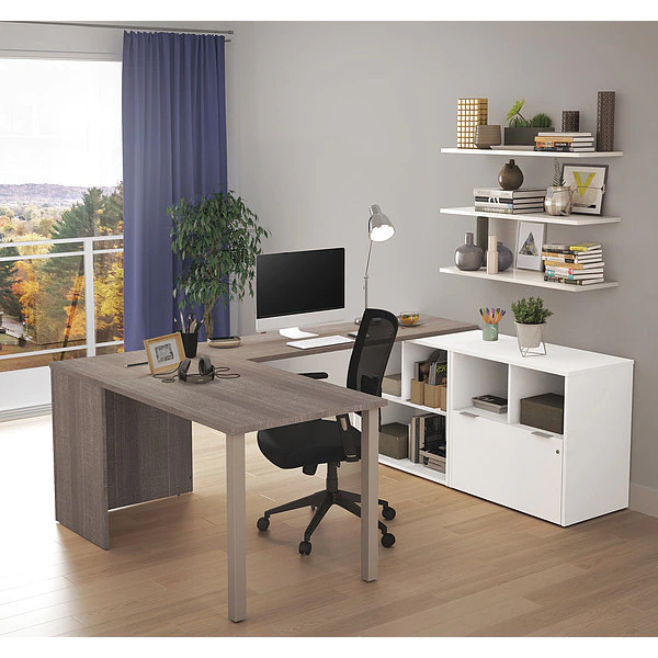 Bestar U Shaped Desk, 88.6" D, 60.2" W, 29.6" H, Bark Gray/White, Melamine