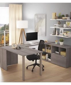 Bestar U Shaped Desk, 88.6" D, 60.2" W, 29.6" H, Bark Gray, Melamine