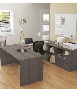 Bestar U Shaped Desk, 88.6" D, 71.1" W, 29.6" H, Bark Gray, Melamine