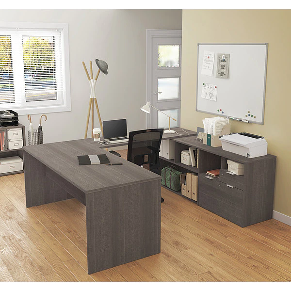 Bestar U Shaped Desk, 88.6" D, 71.1" W, 29.6" H, Bark Gray, Melamine