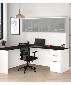 Bestar L Shaped Desk, 62.9" D, 71.1" W, 70.1" H, White/Deep Gray, Melamine