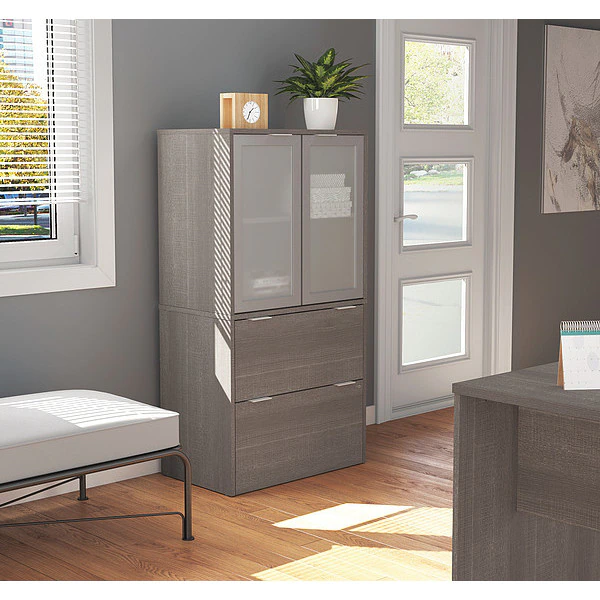 Bestar Lateral File with Storage Cabinet, 18.2" D, 30.1" W, 56.8" H, Bark Gray, Melamine