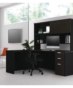 Bestar L Shaped Desk, 62.9" D, 71.1" W, 70.1" H, Deep Gray/Black, Melamine