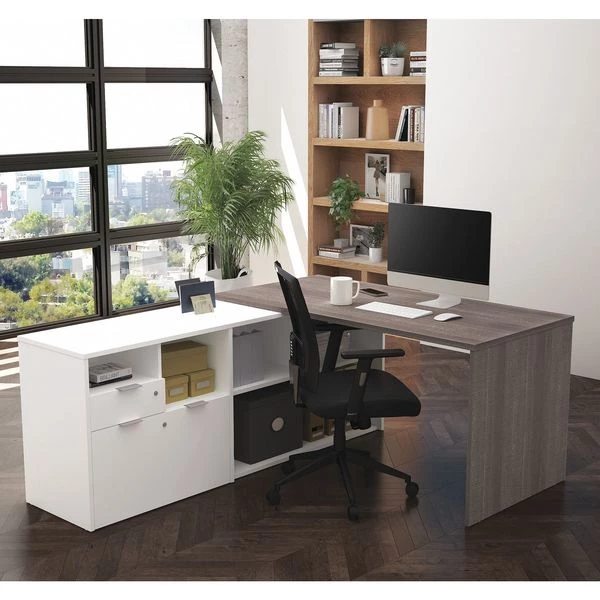 Bestar L Shaped Desk, 59.3" D, 71.1" W, 29.6" H, Bark Gray/White, Melamine