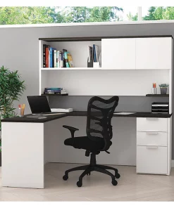 Bestar L Shaped Desk, 62.9" D, 71.1" W, 70.1" H, White/Deep Gray, Melamine
