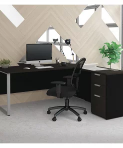 Bestar L Shaped Desk, 68.9" D, 71.1" W, 29.7" H, Deep Gray/Black, Melamine