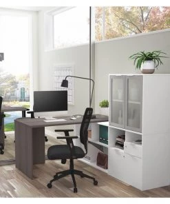 Bestar L Shaped Desk, 59.3" D, 71.1" W, 56.8" H, Bark Gray/White, Melamine