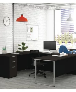 Bestar U Shaped Desk, 92.4" D, 71.1" W, 29.7" H, Deep Gray/Black, Melamine