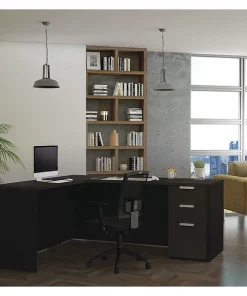 Bestar L Shaped Desk, 62-29/32" D, 71.1" W, 29.7" H, Deep Gray/Black, Melamine