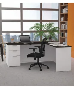 Bestar L Shaped Desk, 62.9" D, 71.1" W, 29.7" H, White/Deep Gray, Melamine