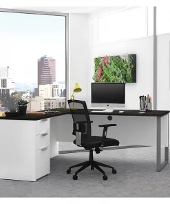 Bestar L Shaped Desk, 68.9" D, 71.1" W, 29.7" H, White/Deep Gray, Melamine