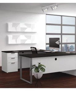 Bestar U Shaped Desk, 92.4" D, 71.1" W, 29.7" H, White/Deep Gray, Melamine