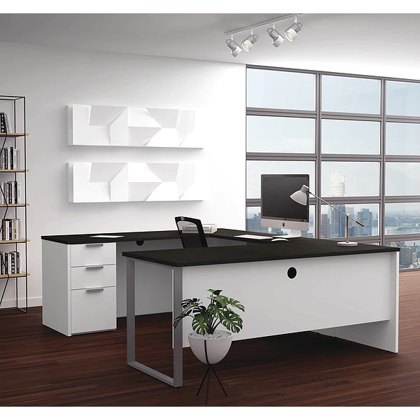 Bestar U Shaped Desk, 92.4" D, 71.1" W, 29.7" H, White/Deep Gray, Melamine