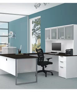 Bestar U Shaped Desk, 92.4" D, 71.1" W, 70.1" H, White/Deep Gray, Melamine