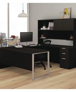 Bestar U Shaped Desk, 92.4" D, 71.1" W, 70.1" H, Deep Gray/Black, Melamine