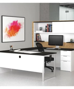 Bestar U Shaped Desk, 92.4" D, 71.1" W, 70.1" H, White/Deep Gray, Melamine