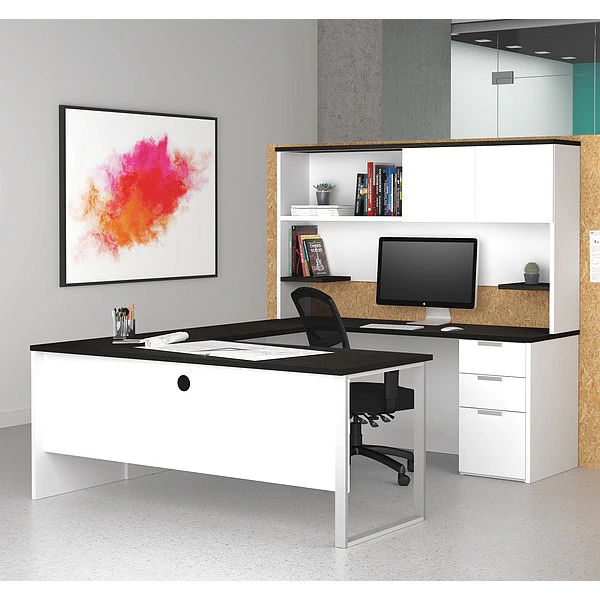 Bestar U Shaped Desk, 92.4" D, 71.1" W, 70.1" H, White/Deep Gray, Melamine