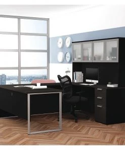 Bestar U Shaped Desk, 92.4" D, 71.1" W, 70.1" H, Deep Gray/Black, Melamine