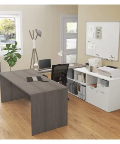 Bestar U Shaped Desk, 88.6" D, 71.1" W, 29.6" H, Bark Gray/White, Melamine