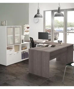 Bestar U Shaped Desk, 88.6" D, 71.1" W, 56.8" H, Bark Gray/White, Melamine