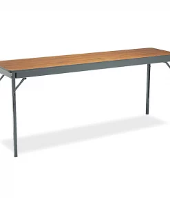 Barricks. Rectangle Folding Table, 72" W, 18" L, 30" H, Walnut/Black Top, Laminate