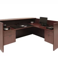 Regency Reception Desk, 82" D, 71" W, 42" H, Mahogany, Melamine Laminate