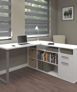 Bestar Table L Shaped Desk, 59-19/64" D, 59.3" W, 29.7" H, White, Melamine