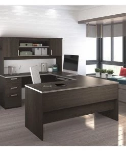 Bestar Table U Shaped Desk, 93-39/64" D, 65" W, 65.9" H, Dark Chocolate, Melamine