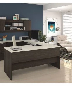 Bestar Table U Shaped Desk, 93-39/64" D, 65" W, 65.9" H, White Chocolate, Melamine