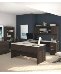 Bestar Table U Shaped Desk, 93.6" D, 65" W, 65.9" H, White Chocolate, Melamine