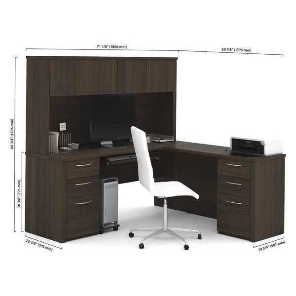 Embassy L Shaped Desk, 70" D, 71.1" W, 66.8" H, Dark Chocolate, Melamine