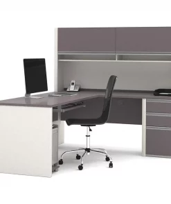 Bestar L Shaped Desk, 82.9" D, 71.1" W, 65.9" H, Slate/Sandstone, Melamine