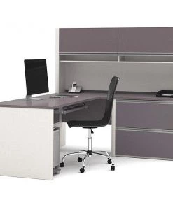 Bestar L Shaped Desk, 82.9" D, 71.1" W, 65.9" H, Slate/Sandstone, Melamine